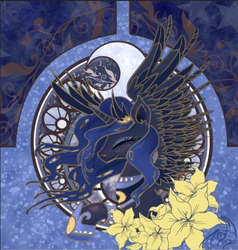 Size: 6650x6988 | Tagged: safe, artist:dueswals, princess luna, g4, absurd resolution, eyes closed, female, flower, modern art, nouveau, solo, spread wings