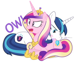 Size: 960x780 | Tagged: safe, artist:dm29, princess cadance, shining armor, alicorn, pony, unicorn, g4, biting, blushing, butt bite, dialogue, duo, female, frown, glare, horses doing horse things, literal butthurt, love bite, male, mare, nom, open mouth, pain, prone, simple background, smiling, smirk, stallion, this will end in sleeping on the couch, transparent background, wide eyes