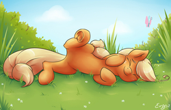 Size: 1200x771 | Tagged: safe, artist:erysz, applejack, earth pony, pony, g4, cute, featureless crotch, female, grass, horses doing horse things, jackabetes, rolling, silly, silly pony, solo, underhoof