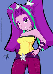 Size: 1024x1448 | Tagged: dead source, safe, artist:demonfox, aria blaze, equestria girls, g4, bare shoulders, female, looking at you, sleeveless, solo, strapless