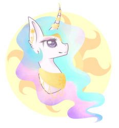 Size: 2600x2800 | Tagged: safe, artist:blocksy-art, princess celestia, pony, g4, bust, catasterism, curved horn, earring, female, high res, horn, horn jewelry, jewelry, piercing, portrait, solo, sun
