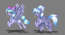 Size: 1280x706 | Tagged: safe, artist:virginiaguf, cloudchaser, flitter, g4, ear fluff, flying, tongue out