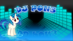 Size: 1920x1080 | Tagged: safe, artist:germanmcpictures, artist:zee66, dj pon-3, vinyl scratch, pony, unicorn, g4, cute, cutie mark, female, hooves, horn, mare, red eyes, reflection, smiling, solo, staring ponies, text, vector, wallpaper