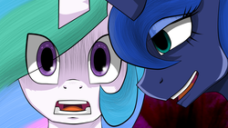 Size: 1280x720 | Tagged: safe, artist:heedheed, princess celestia, princess luna, g4, attack on titan, open mouth, ponified, wide eyes