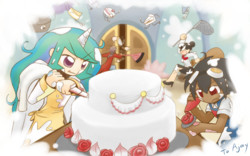 Size: 2520x1575 | Tagged: safe, artist:howxu, kibitz, princess celestia, raven, oc, human, g4, cake, horn, horned humanization, humanized, humanized oc, winged humanization