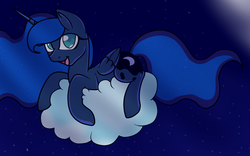 Size: 1600x1000 | Tagged: safe, artist:xxtailsytailsxx, princess luna, g4, cloud, female, prone, smiling, solo