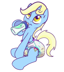 Size: 1400x1575 | Tagged: safe, artist:sylph-space, oc, oc only, oc:skydiver, pony, unicorn, adult foal, bottle, bottle feeding, diaper, diaper fetish, horn, milk, non-baby in diaper, poofy diaper, solo, urine, wet diaper