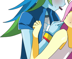 Size: 517x424 | Tagged: safe, artist:cuteparty, fluttershy, rainbow dash, equestria girls, g4, blushing, chocolate, clothes, female, implied kissing, lesbian, open mouth, pocky, ship:flutterdash, shipping, sweat