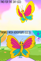 Size: 640x960 | Tagged: safe, screencap, sweetie belle (g3), butterfly, a very pony place, g3, g3.5, twinkle wish adventure, two for the sky, comparison, continuity, cute, dreams do come true, looking at you