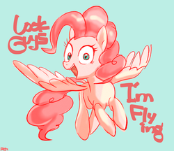 Size: 900x779 | Tagged: safe, artist:remsica, pinkie pie, pegasus, pony, g4, blue background, cute, diapinkes, female, hilarious in hindsight, looking at you, mare, open mouth, pegasus pinkie pie, race swap, simple background, smiling, solo, talking to viewer, text, wide eyes
