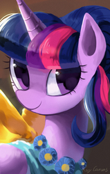 Size: 661x1039 | Tagged: safe, artist:rocy canvas, twilight sparkle, alicorn, pony, g4, make new friends but keep discord, clothes, dress, female, gala dress, looking at you, mare, pixiv, portrait, smiling, solo, twilight sparkle (alicorn)