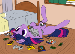 Size: 1000x720 | Tagged: safe, artist:tg-0, twilight sparkle, pony, unicorn, g4, adorkable, bed, bedroom, cute, dendy, dork, famicom, female, gamer twi, hug, legs in air, messy, nintendo entertainment system, on back, playstation, smiling, solo, twiabetes, unicorn twilight, video game