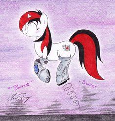 Size: 1024x1085 | Tagged: safe, artist:thechrispony, oc, oc only, oc:blackjack, cyborg, fallout equestria, fallout equestria: project horizons, blushing, bouncing, drunk, happy, pronking, traditional art