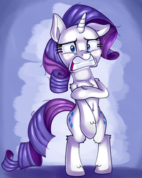 Size: 2405x3000 | Tagged: safe, artist:discorded, rarity, pony, unicorn, g4, make new friends but keep discord, assisted exposure, belly button, blushing, clothing theft, covering, embarrassed, female, high res, humiliation, mare, naked rarity, solo, we don't normally wear clothes