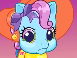 Size: 424x320 | Tagged: safe, screencap, rainbow dash (g3), g3, g3.5, newborn cuties, once upon a my little pony time, over two rainbows, angry, annoyed, bow, clothes, female, frown, glare, hair bow, hat, heterochromia, looking at you, rainbow dash always dresses in style, solo