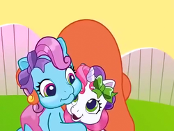 Size: 424x320 | Tagged: safe, screencap, rainbow dash (g3), sweetie belle (g3), g3, g3.5, newborn cuties, once upon a my little pony time, over two rainbows, bow, hair bow, hat, hug, smiling