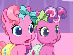 Size: 480x360 | Tagged: safe, screencap, cheerilee (g3), pinkie pie (g3), g3, g3.5, newborn cuties, once upon a my little pony time, so many different ways to play, baby, bow, concerned, diaper, hair bow, shocked