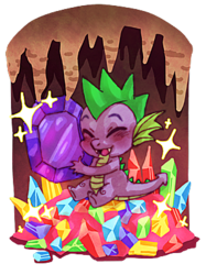 Size: 299x400 | Tagged: safe, artist:venomousjello, spike, dragon, g4, blushing, cute, dragon hoard, eyes closed, gem, hoard, male, open mouth, rubbing, smiling, solo, sparkles, spikabetes, treasure
