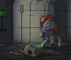 Size: 1590x1340 | Tagged: safe, oc, oc only, oc:littlepip, pony, unicorn, fallout equestria, alternate design, bone, clothes, colored hooves, dead, fanfic, fanfic art, female, floppy ears, hammer, hooves, horn, jumpsuit, mare, pipbuck, saddle bag, skull, solo, vault suit