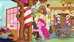 Size: 1920x1080 | Tagged: safe, screencap, discord, pinkie pie, g4, make new friends but keep discord, box, cute, discute, licking, non-consensual licking, out of context