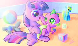 Size: 1920x1136 | Tagged: safe, artist:halem1991, spike, twilight sparkle, g4, baby spike, boop, cute, filly, halem1991 is trying to murder us, spikabetes, twiabetes, weapons-grade cute, younger