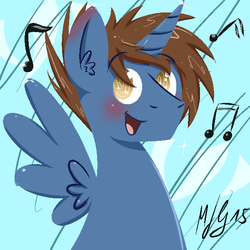 Size: 600x600 | Tagged: safe, artist:morroderthefreakyguy, oc, oc only, oc:headlong flight, alicorn, pony, alicorn oc, blushing, cute, looking at you, music notes, open mouth, portrait, singing, smiling, solo, spread wings, swirly eyes