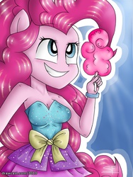 Size: 768x1024 | Tagged: safe, artist:shootingfeather, pinkie pie, equestria girls, g4, candy, cleavage, clothes, cotton candy, cute, dignified wear, dress, female, food, gala dress, solo