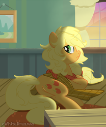 Size: 1535x1847 | Tagged: safe, artist:xwhitedreamsx, applejack, g4, alternate hairstyle, bed mane, female, loose hair, morning ponies, solo