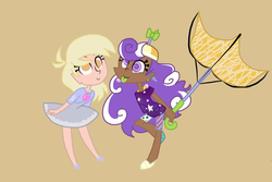 Size: 960x640 | Tagged: safe, artist:miss-zi-zi, derpy hooves, screwball, human, g4, clothes, dark skin, derpball, dress, duo, female, hat, humanized, lesbian, propeller hat, shipping, simple background, swirly eyes, tan background, tongue out, umbrella