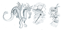 Size: 1000x533 | Tagged: safe, artist:praysforaprankster, discord, fluttershy, draconequus, pegasus, pony, g4, make new friends but keep discord, cane, clothes, dress, duo, gala, gala dress, hat, monochrome, top hat