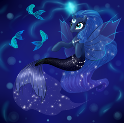 Size: 3219x3204 | Tagged: dead source, safe, artist:aurora69rainbow, princess luna, alicorn, fish, mermaid, merpony, pony, g4, beautiful, blue mane, bubble, clothes, ethereal mane, eyelashes, female, fin wings, fish tail, flowing mane, glowing, glowing horn, high res, horn, magic, mermaidized, necklace, seaponified, seapony luna, see-through, solo, species swap, swimming, tail, underwater, water, wings