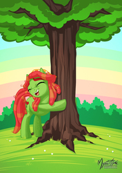 Size: 955x1351 | Tagged: safe, artist:mysticalpha, tree hugger, earth pony, pony, g4, make new friends but keep discord, cute, eyebrows, eyes closed, female, happy, hug, huggerbetes, mare, open mouth, open smile, pun, signature, smiling, solo, tree, tree hugger hugging a tree, visual pun