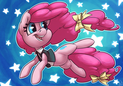 Size: 1250x875 | Tagged: safe, artist:atryl, pinkie pie, pony, g4, alternate hairstyle, clothes, cute, featureless crotch, female, galloping, hair bow, happy, necktie, solo, stars, tail bow, vest