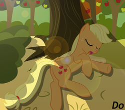 Size: 4067x3600 | Tagged: safe, artist:newcutiemark, applejack, earth pony, pony, g4, female, hatless, lens flare, mare, missing accessory, on side, sleeping, solo, tree