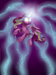 Size: 1500x2000 | Tagged: safe, artist:frostykat13, princess cadance, alicorn, pony, g4, my little pony chapter books, my little pony: twilight sparkle and the crystal heart spell, ascension, female, floppy ears, flying, glowing eyes, lightning, magic, solo