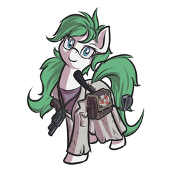 Size: 2461x2452 | Tagged: safe, artist:kalemon, oc, oc only, oc:beryl, oc:beryl (smhac), butterfly, pony, fallout equestria, clothes, fanfic, fanfic art, female, fluttershy medical saddlebag, golf club, gun, handgun, high res, hooves, looking at you, mare, medical saddlebag, revolver, saddle bag, simple background, smiling, solo, weapon, white background