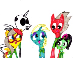 Size: 3300x2550 | Tagged: safe, artist:monstrouspegasister, oc, oc:puzzle peace, elsa, frozen (movie), glasses, high res, jack skellington, ponified, ponytones outfit, the nightmare before christmas, traditional art, vanellope von schweetz, wreck-it ralph