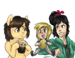 Size: 600x462 | Tagged: safe, artist:dynamocha, derpy hooves, human, g4, attack on titan, food, humanized, ponified, potato, sasha braus, sugar rush, vanellope von schweetz, wreck-it ralph