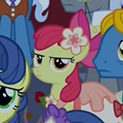 Size: 400x400 | Tagged: safe, screencap, apple bloom, caesar, count caesar, masquerade, perfect pace, perry pierce, pokey pierce, g4, make new friends but keep discord, apple bloom is not amused, cropped, female, solo, unamused