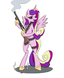 Size: 894x1091 | Tagged: safe, artist:tinybeasts, princess cadance, alicorn, pony, g4, bandolier, female, gun, hoof hold, mare, shotgun, solo