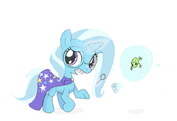 Size: 676x462 | Tagged: artist needed, safe, trixie, frog, pony, unicorn, g4, braces, bubble, cape, clothes, female, mare, solo, younger