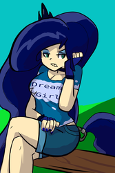 Size: 4000x6000 | Tagged: artist needed, safe, princess luna, human, g4, breasts, busty princess luna, clothes, cute, female, humanized, meta, pun, reference, shirt, shorts, solo, t-shirt