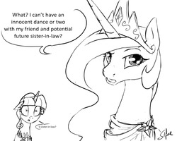 Size: 1280x1024 | Tagged: safe, artist:silfoe, princess celestia, twilight sparkle, alicorn, pony, royal sketchbook, g4, make new friends but keep discord, alternate hairstyle, clothes, dialogue, dress, female, grayscale, implied twiluna, looking at you, mare, monochrome, sketch, speech bubble, twilight sparkle (alicorn)