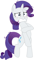 Size: 780x1387 | Tagged: safe, artist:sketchmcreations, rarity, pony, unicorn, g4, make new friends but keep discord, assisted exposure, blushing, clothing theft, covering, covering crotch, embarrassed, female, horn, inkscape, mare, naked rarity, simple background, solo, transparent background, vector, we don't normally wear clothes