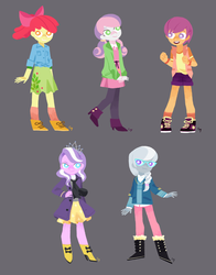 Size: 2200x2800 | Tagged: dead source, safe, artist:magneticskye, apple bloom, diamond tiara, scootaloo, silver spoon, sweetie belle, equestria girls, g4, cutie mark crusaders, female, glasses, high res, lineless, open mouth, simple background, smiling, teeth, white pupils