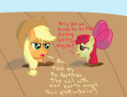 Size: 1300x1000 | Tagged: safe, artist:mightyshockwave, apple bloom, applejack, earth pony, pony, g4, accent, buried, dirt, earth pony magic, female, fertilizer, filly, mare, mlpgdraws, spring
