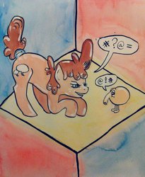 Size: 1024x1248 | Tagged: safe, artist:jdagonzalez, oc, oc:rosetta, crossover, dialogue, q*bert, traditional art, watercolor painting