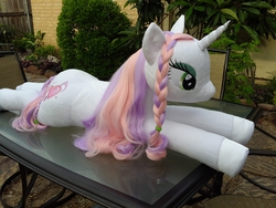 Size: 2560x1920 | Tagged: safe, artist:neysanight, sweetie belle, g4, alternate cutie mark, female, irl, lying down, older, outdoors, photo, plushie, prone, solo, table