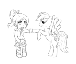 Size: 400x338 | Tagged: safe, artist:vnixxir, rainbow dash, human, g4, brofist, crossover, hoofbump, lineart, monochrome, vanellope von schweetz, wreck-it ralph