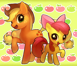 Size: 1150x1000 | Tagged: safe, artist:funuu, apple bloom, applejack, earth pony, pony, g4, apple, blank flank, cute, female, filly, looking at you, mare, open mouth, raised hoof, siblings, sisters